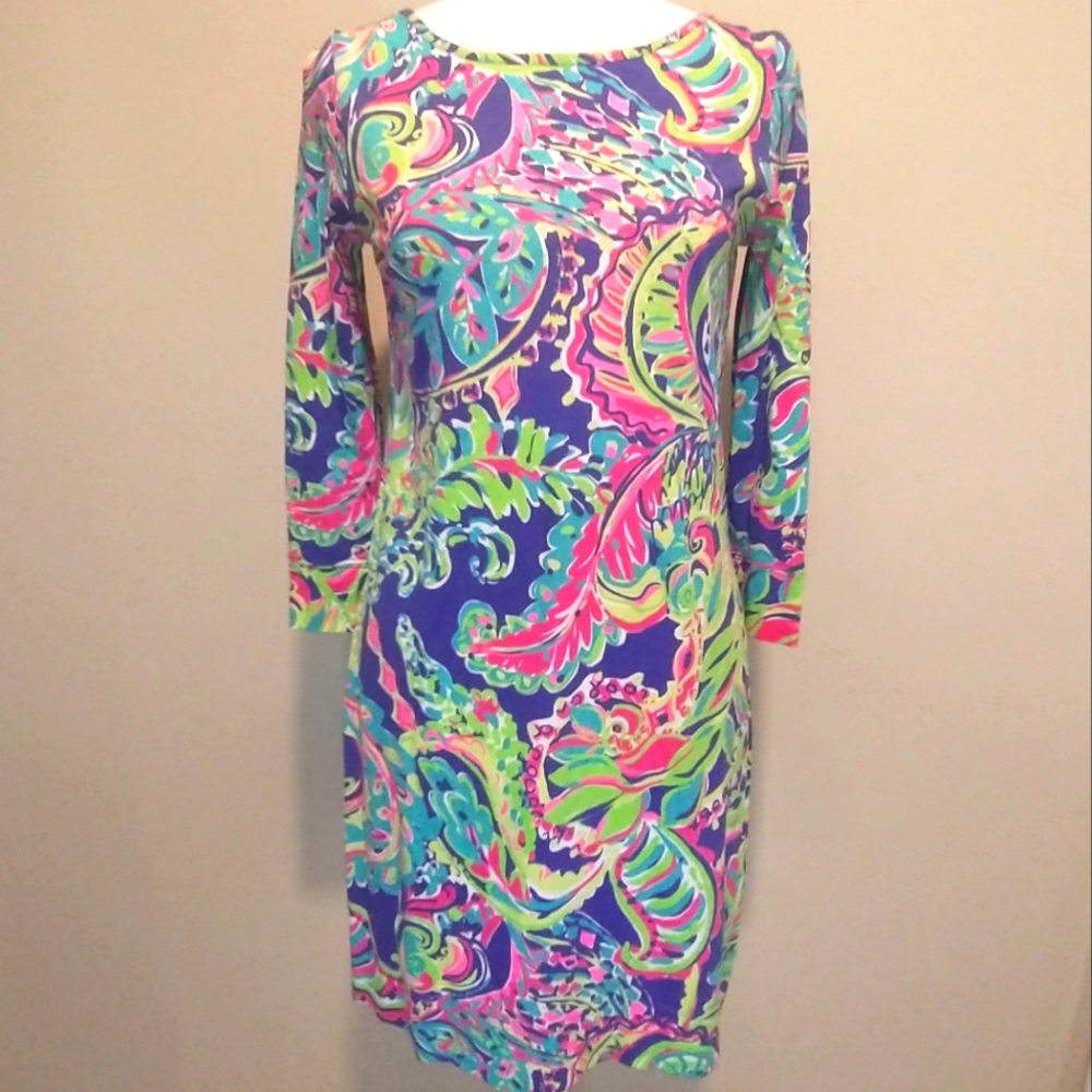 Lilly Pulitzer Marlowe Toucan Play Pink and Blue Long Sleeve Sheath Dress - Picture 3 of 10